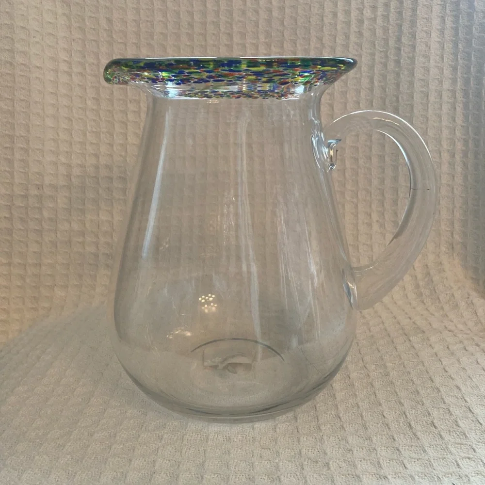 Crate & Barrel Fiesta Confetti Rim Hand Blown Pitcher With Applied Handle